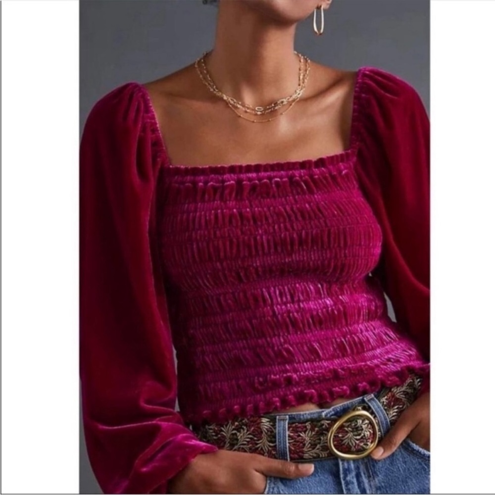 Anthropologie Smocked Velvet Puff Sleeve Pink Magenta Square Neck Blouse Small